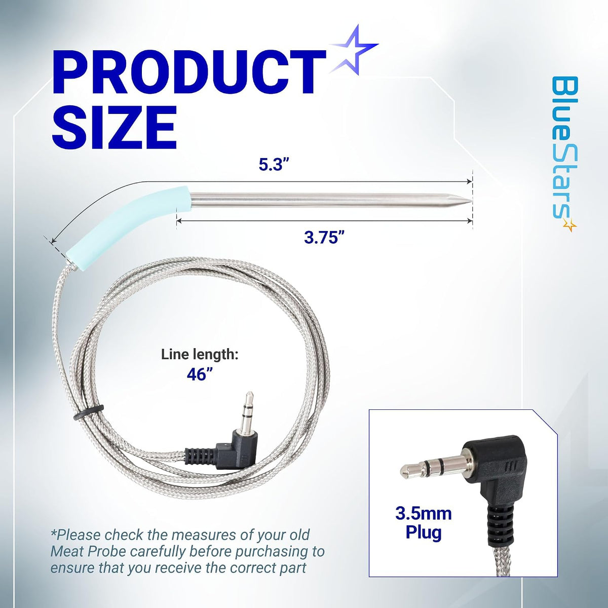 2-Pack Meat Probe for Camp Chef Pellet Grills & Smokers product size diagram with 5.3-inch probe and 46-inch cable
