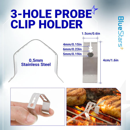 2-Pack Meat Probe for Camp Chef Pellet Grills & Smokers, 3-hole probe clip holder with dimensions and grill-use inset