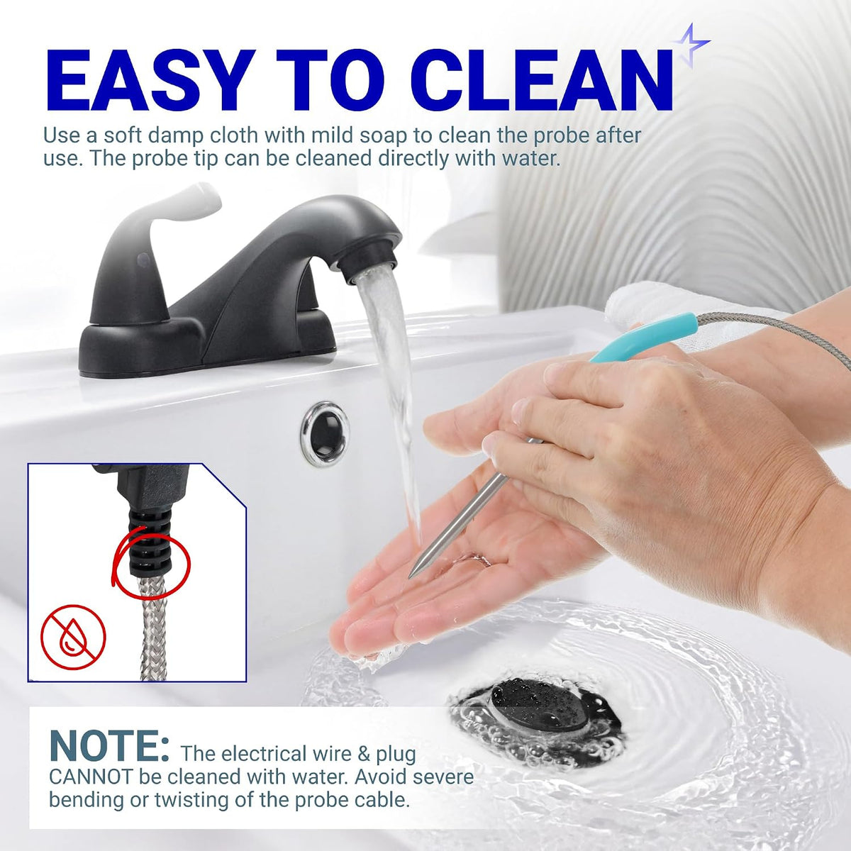 2-Pack Meat Probe for Camp Chef Pellet Grills & Smokers shown being cleaned; electrical wire and plug stay dry