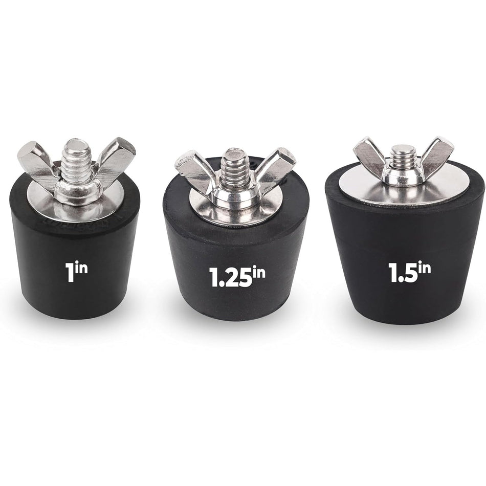 Set of three rubber pool winterizing expansion plugs in 1 inch, 1.25 inch, and 1.5 inch sizes with stainless steel screws.