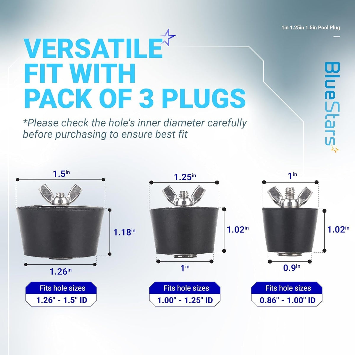 Infographic showing dimensions and size compatibility for 1in, 1.25in, and 1.5in pool winterizing expansion plugs.