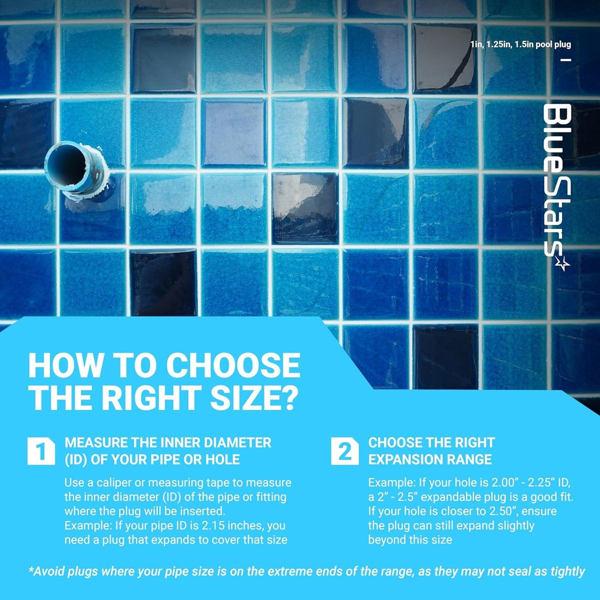 Instructional graphic showing how to measure pool pipe diameter for selecting the correct winterizing expansion plug size.