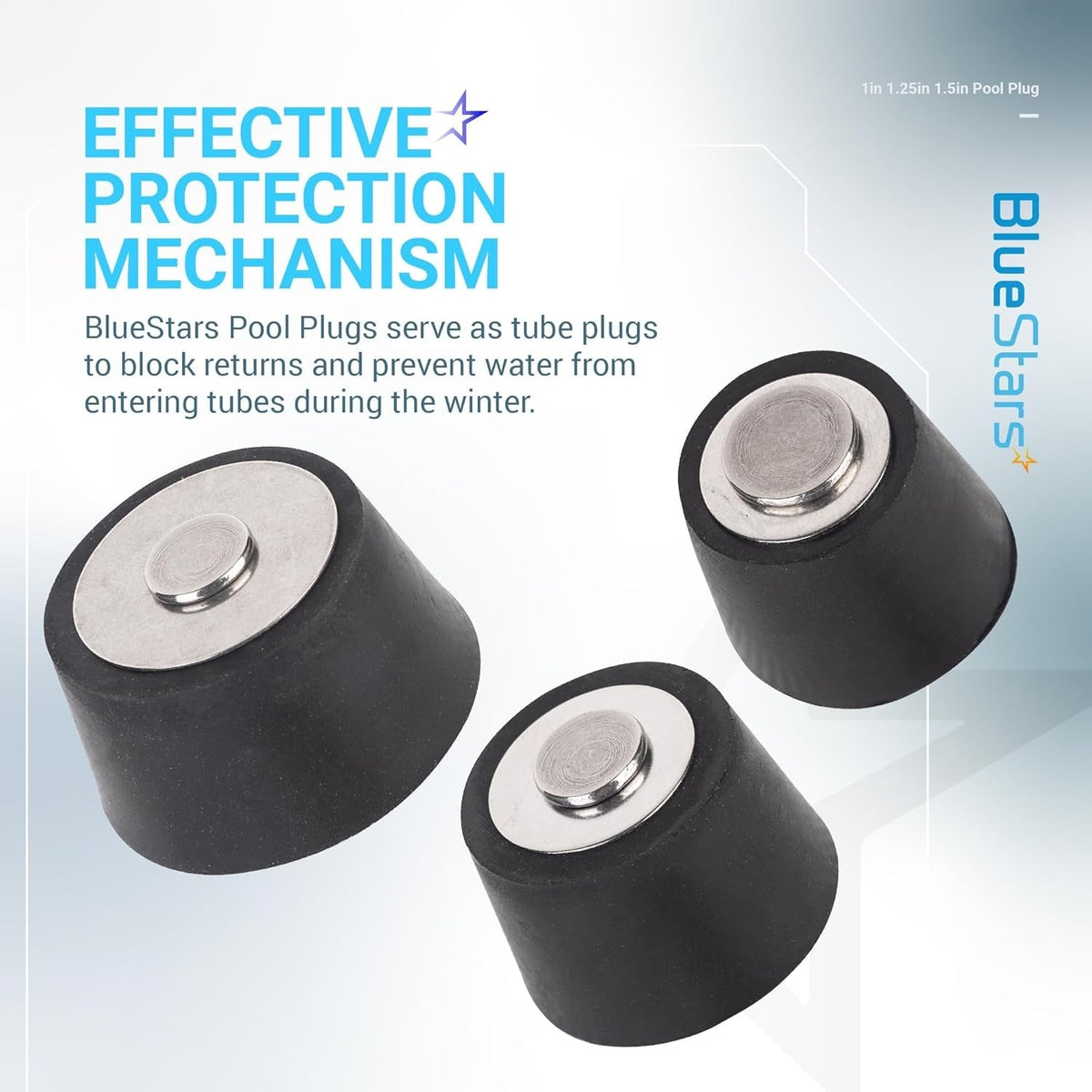 Three rubber pool winterizing expansion plugs with stainless steel screws in 1in, 1.25in, and 1.5in sizes.