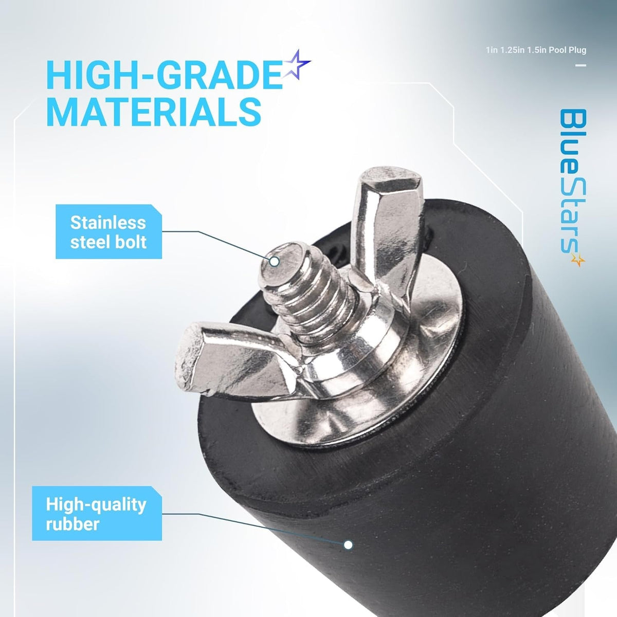 Close-up of pool winterizing plug showing high-quality rubber body and stainless steel wing nut bolt construction.