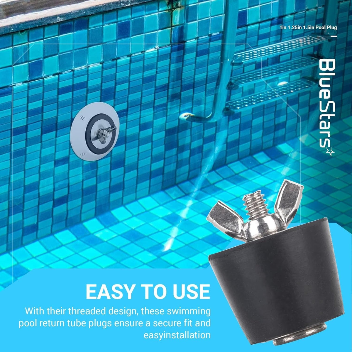 Rubber pool winterizing expansion plug with stainless steel wing nut for return lines and skimmers.