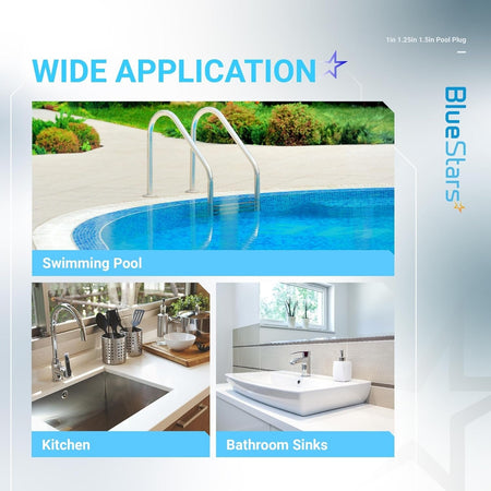 Infographic showing wide application of pool winterizing plugs in swimming pools, kitchen sinks, and bathroom sinks.
