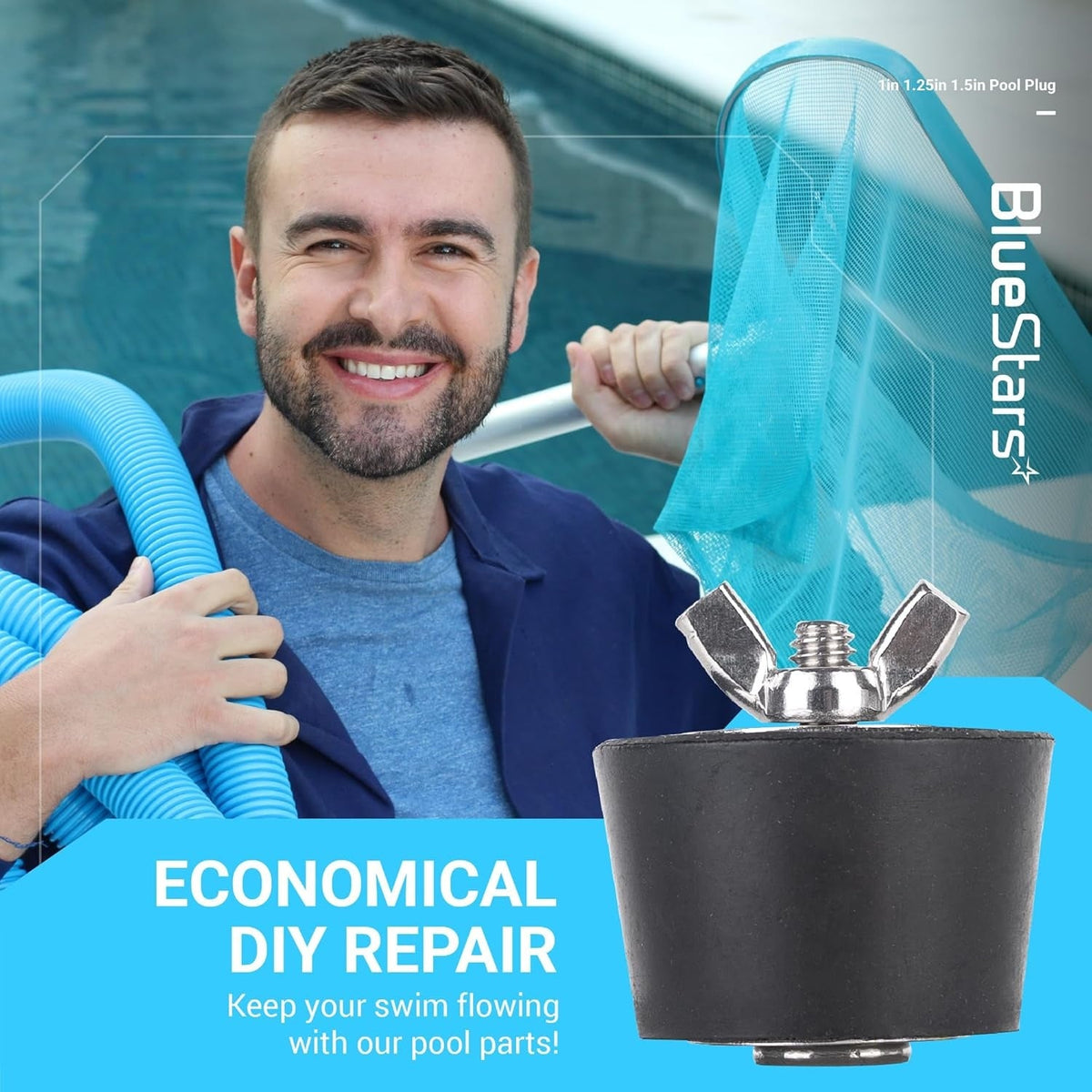 Rubber expansion winterizing plug with stainless steel wing nut for inground and above-ground pool return lines.