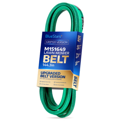M151649 green deck belt for John Deere lawn tractors in BlueStars branded packaging.