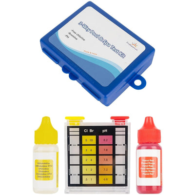 3-way swimming pool and spa water test kit with blue storage case, testing block, and reagent bottles.