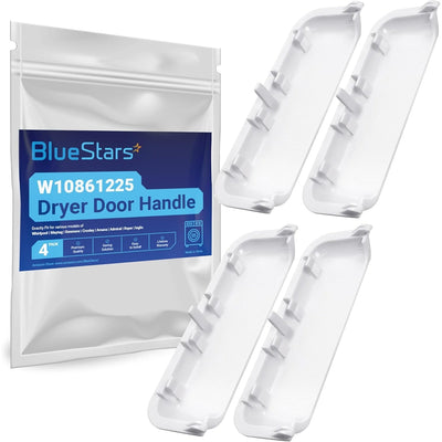 Pack of four W10861225 white dryer door handle replacements with retail packaging for Whirlpool and Kenmore dryers.