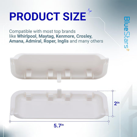 Dimensional diagram showing the 5.7-inch by 2-inch size of the W10861225 dryer door handle replacement.