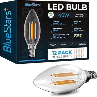 BlueStars B10 E12 LED bulb with clear glass and visible filaments in front of 12-pack product packaging.