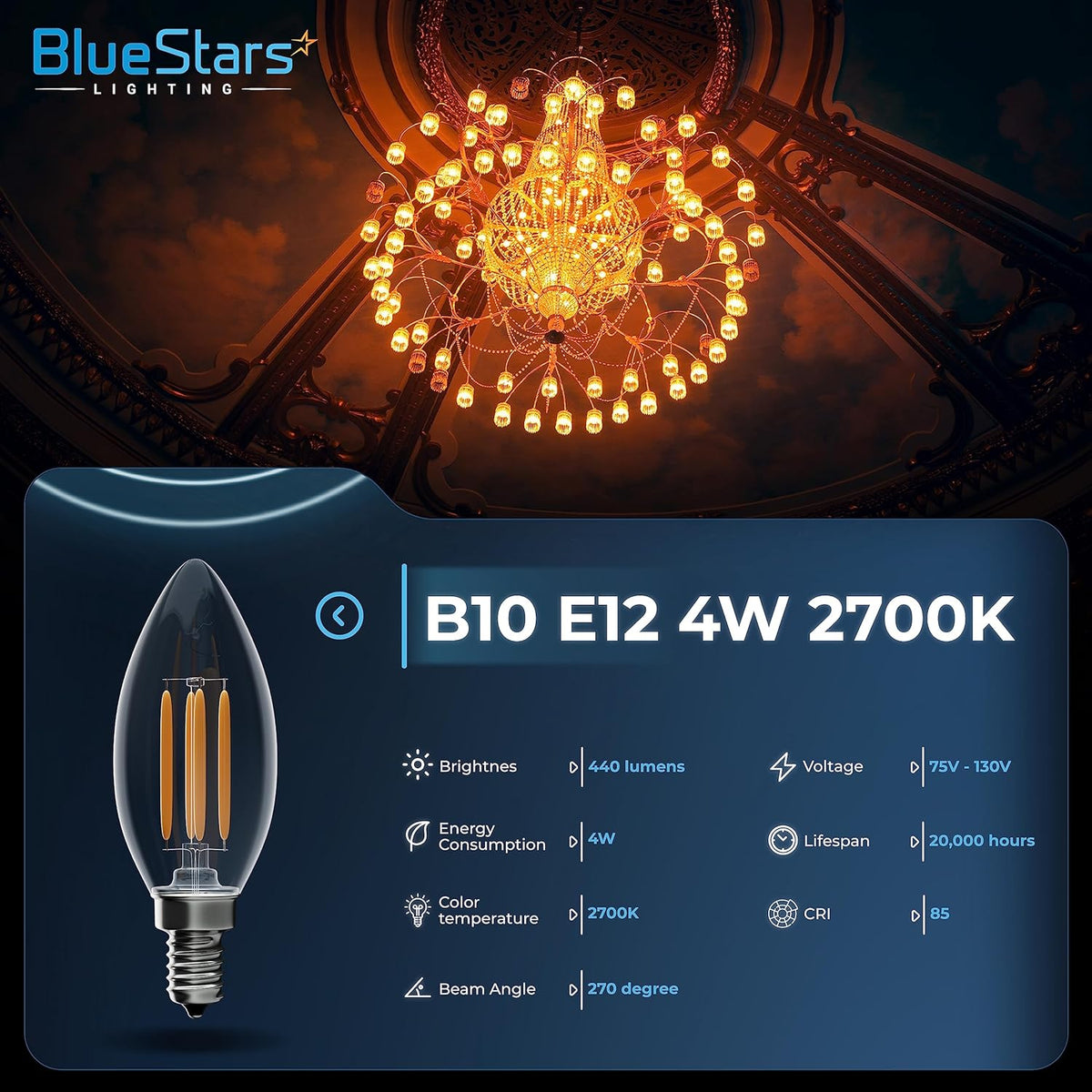 B10 E12 LED bulb specification chart showing 4W, 2700K warm white light, and technical performance details.