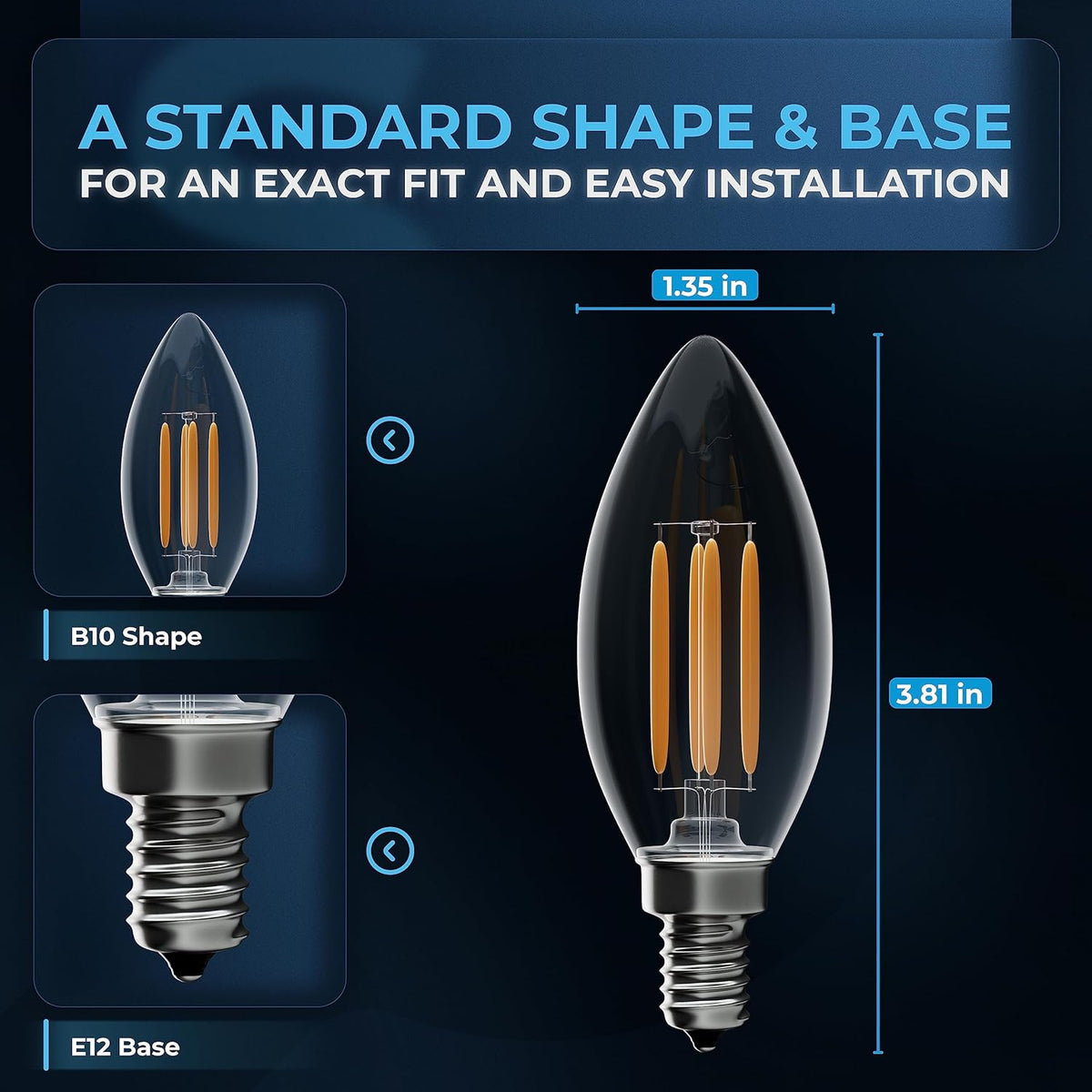 Infographic showing B10 shape and E12 base dimensions for Christmas LED bulbs.