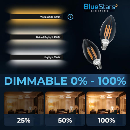Two B10 E12 LED bulbs showing dimmable light intensity levels from 25% to 100% and various color temperatures.