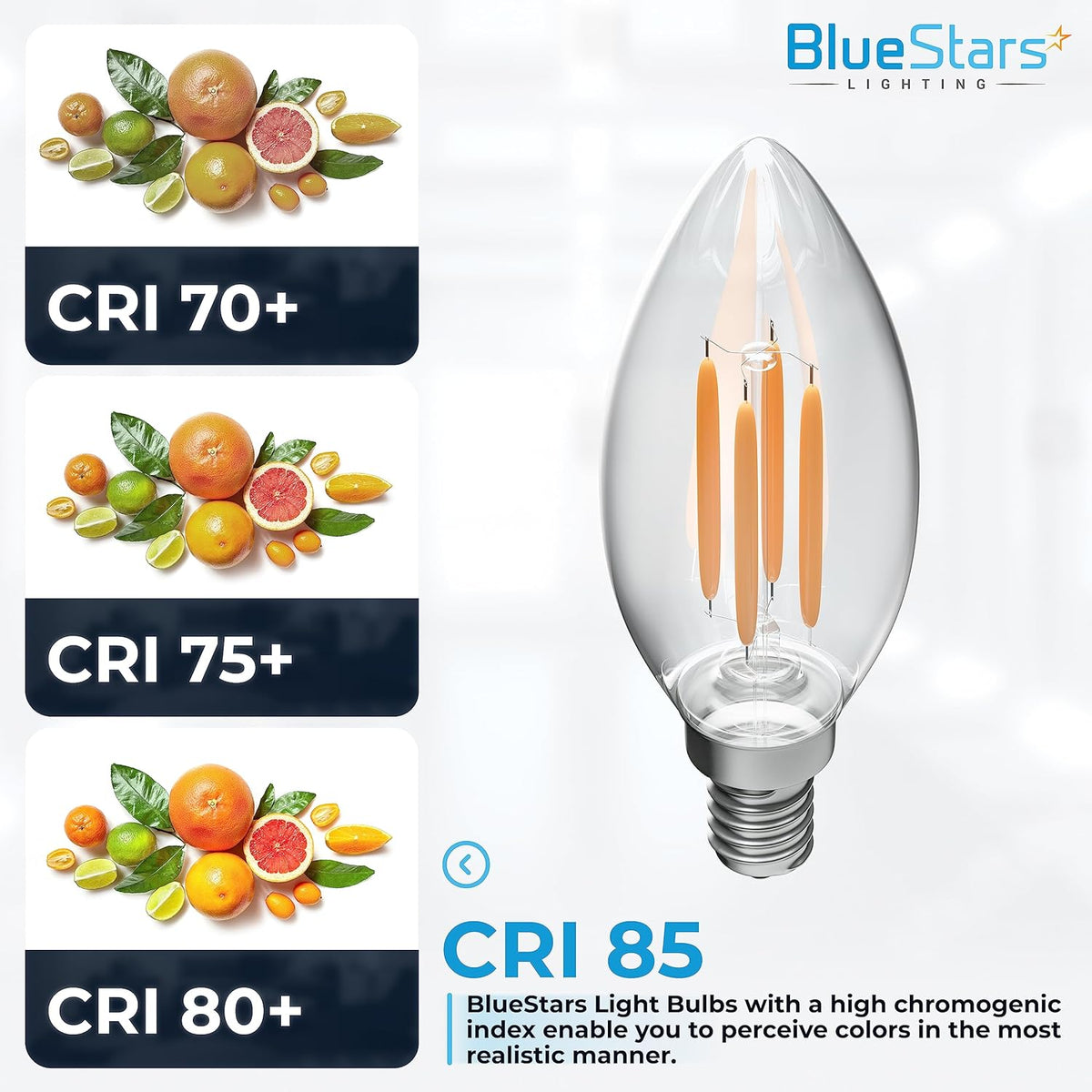 B10 E12 LED filament bulb showing high CRI 85 color rendering comparison chart.