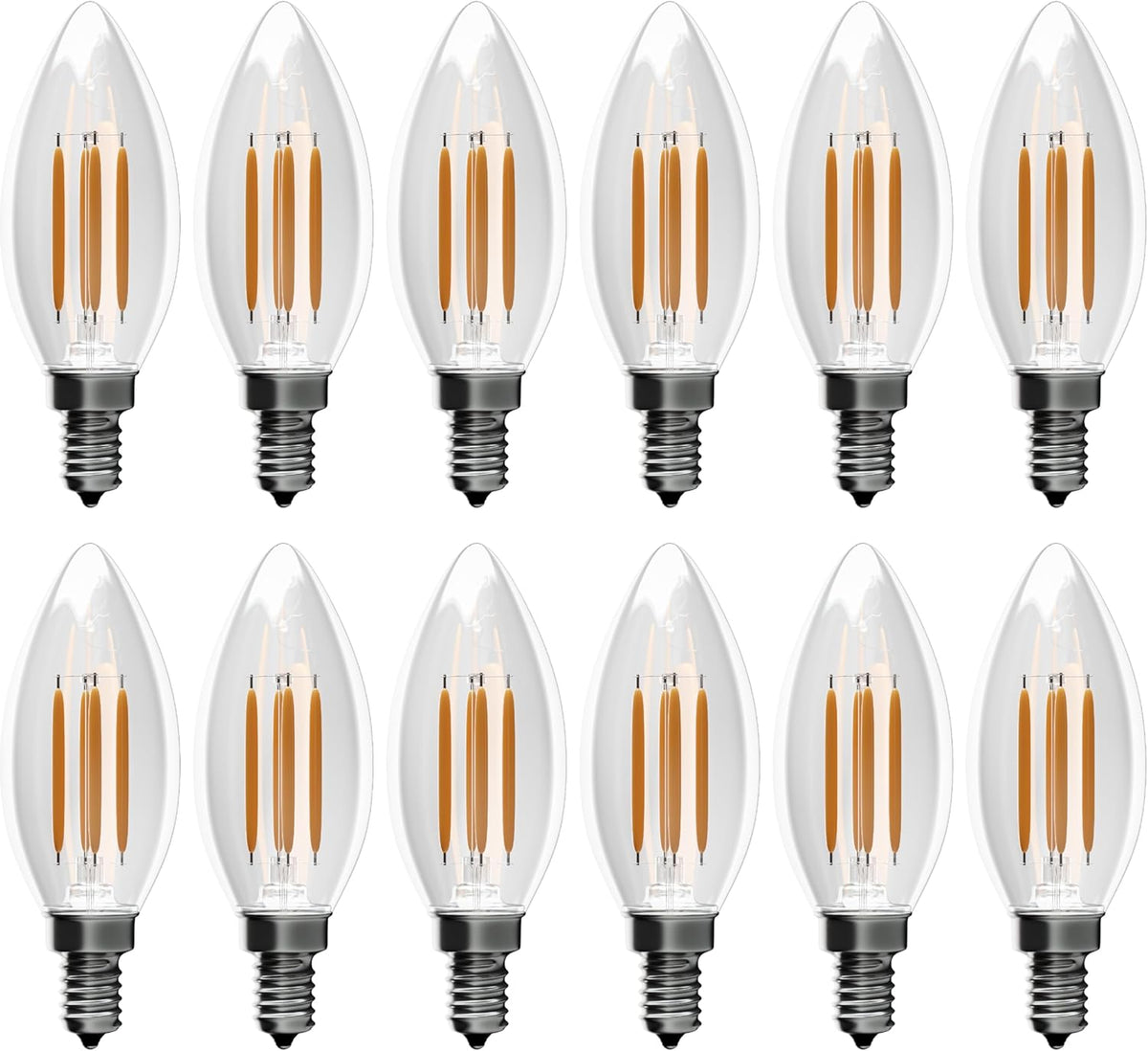 Pack of 12 B10 E12 clear glass LED filament Christmas bulbs arranged in two rows.