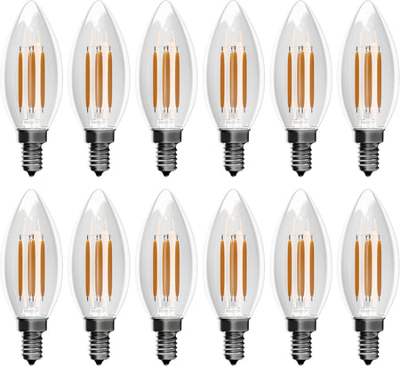 Pack of 12 B10 E12 clear glass LED filament Christmas bulbs arranged in two rows.