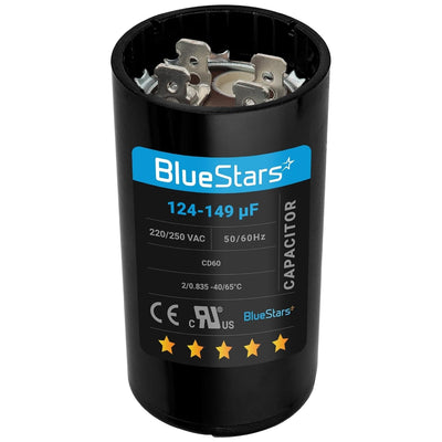 124-149 uF 220-250 VAC round start capacitor with terminal connectors for AC motors and heat pumps.