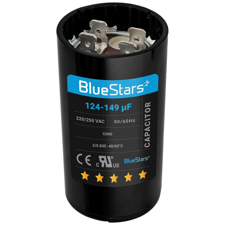 124-149 uF 220-250 VAC round start capacitor with terminal connectors for AC motors and heat pumps.