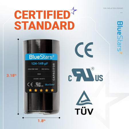 BlueStars 124-149 uF 220-250 VAC round start capacitor with dimensions and certification labels.
