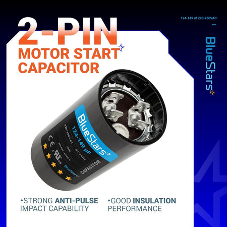 BlueStars 124-149 uF 220-250 VAC round motor start capacitor with 2-pin terminal connection.