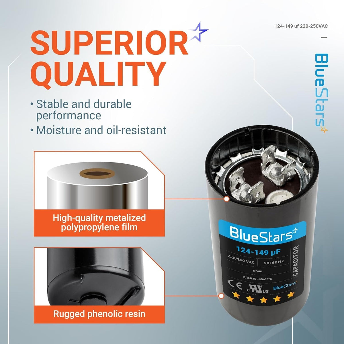 Infographic showing 124-149 uF 220-250 VAC round start capacitor construction details and terminal view.