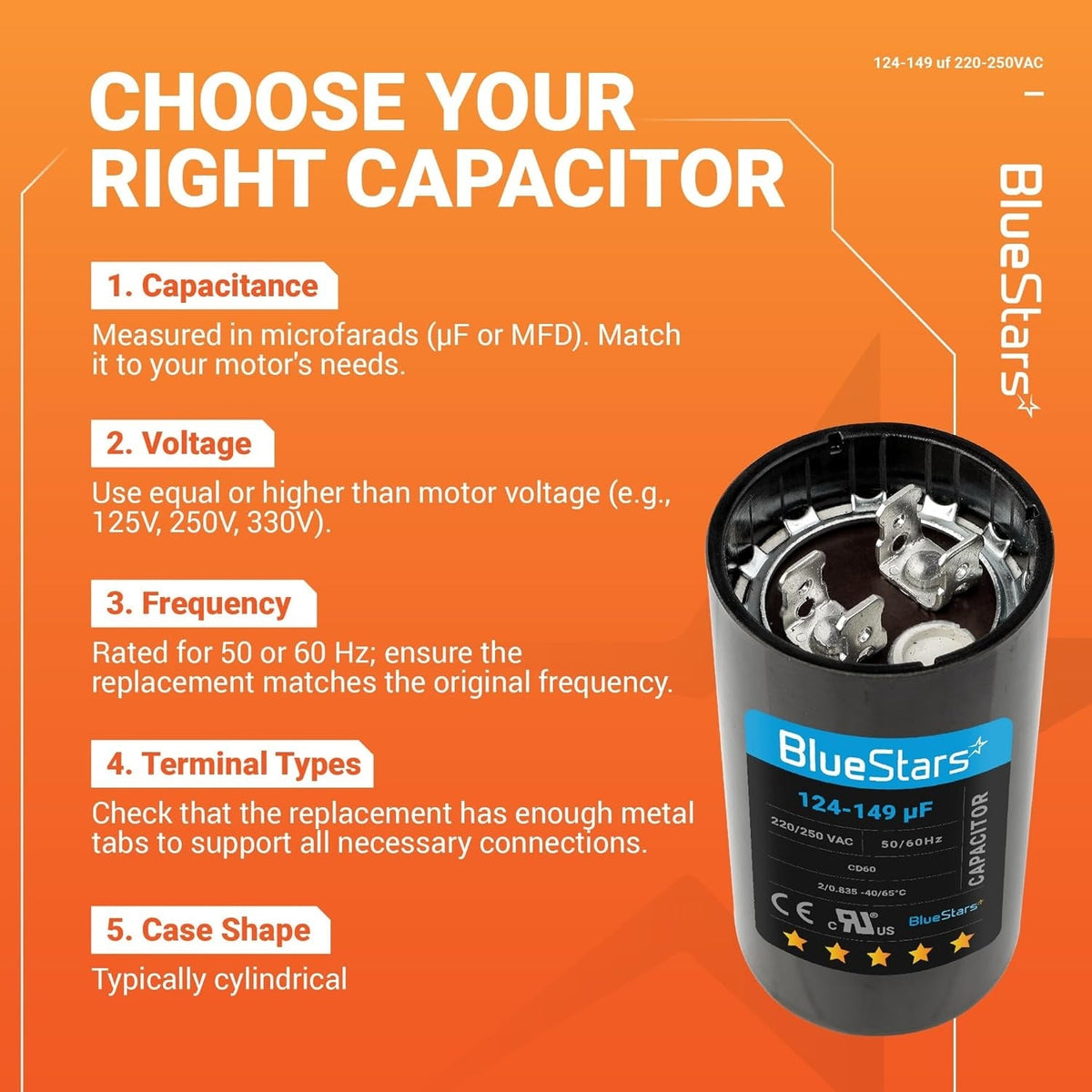 Infographic showing how to choose a 124-149 uF 220-250 VAC round start capacitor for AC motors and fans.