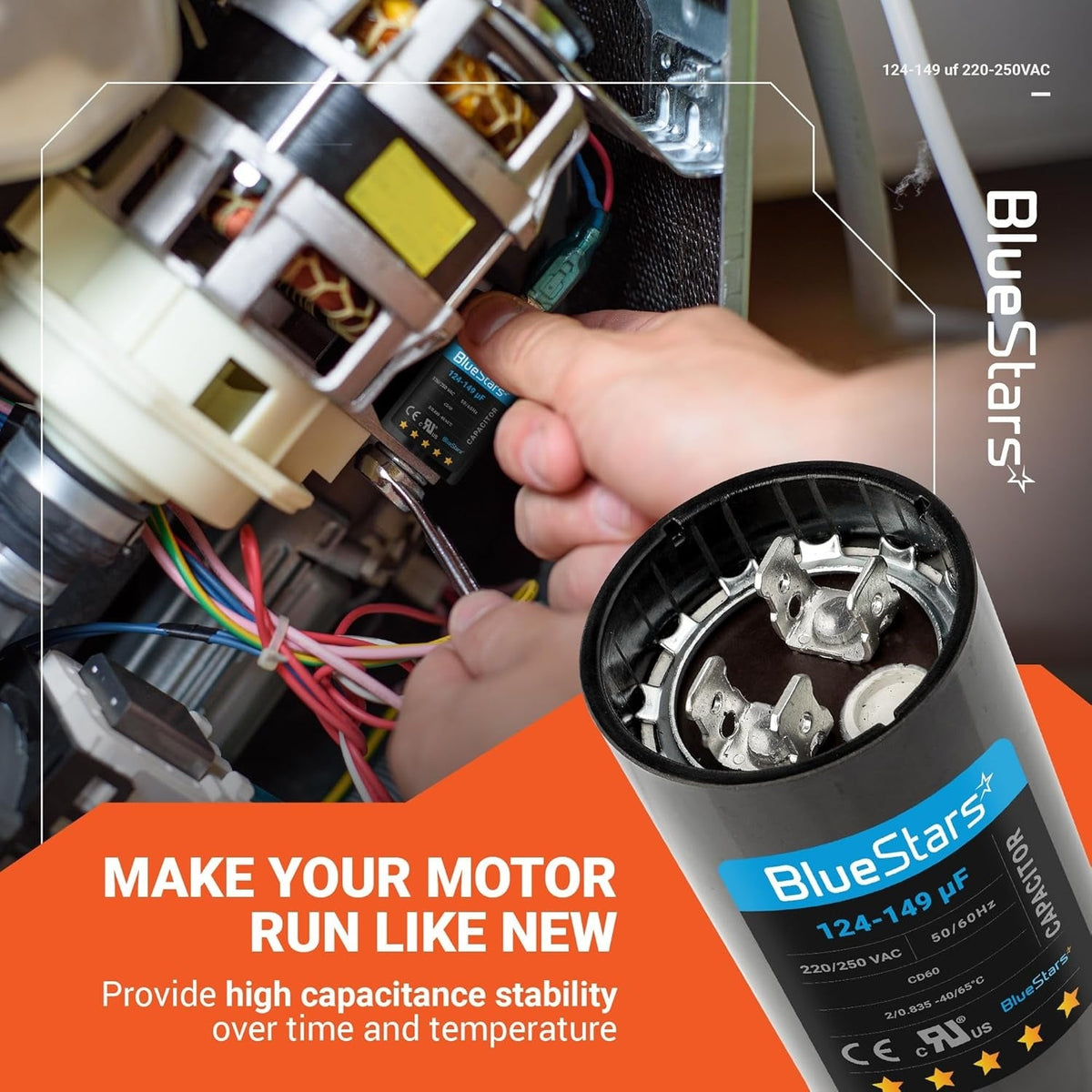 Hand installing a 124-149 uF 220-250 VAC round start capacitor into an AC motor.