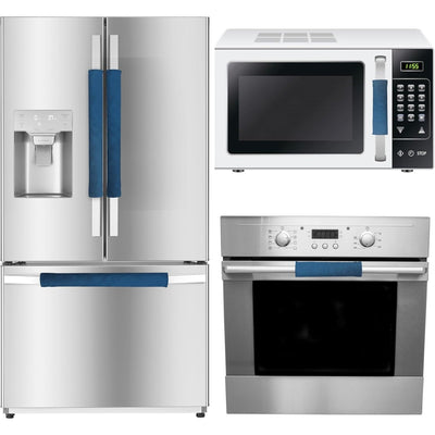 Blue refrigerator and microwave handle covers installed on kitchen appliances.