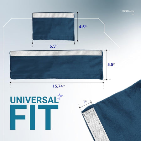 Blue refrigerator and microwave handle covers with dimensions diagram showing 15.74x5.5 inch and 6.5x4.5 inch sizes.