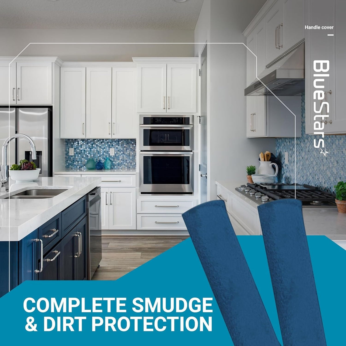 Blue refrigerator handle covers installed on kitchen appliance handles for smudge and dirt protection.