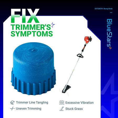 Blue 537338701 trimmer head bump knob replacement for Husqvarna T25 heads shown with a string trimmer.