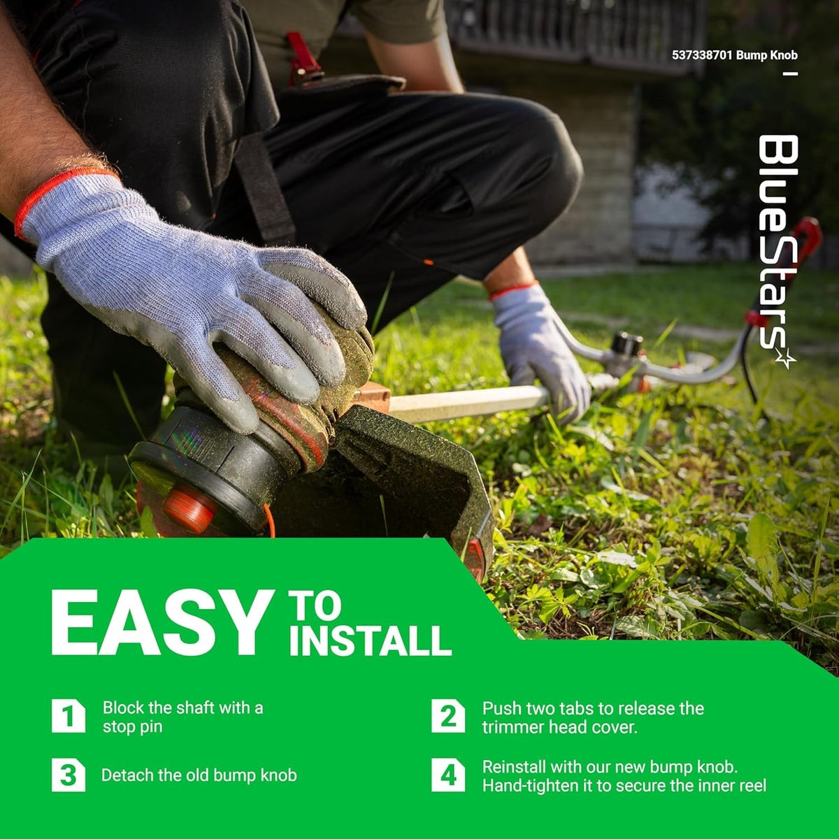 Instructional graphic showing how to install a 537338701 trimmer head bump knob on a Husqvarna T25 trimmer.