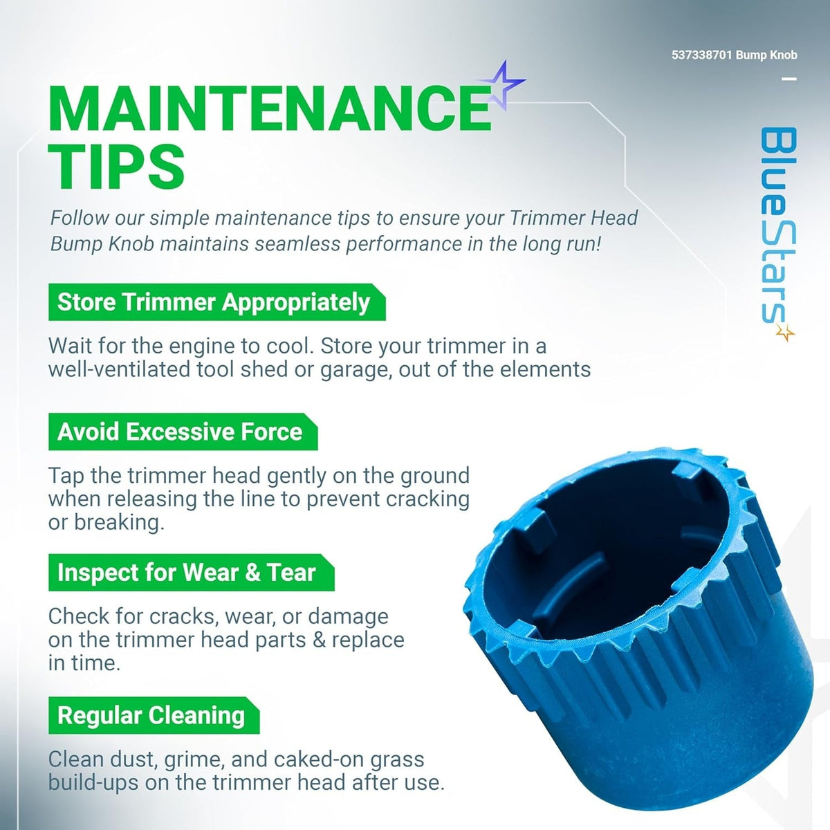Infographic showing maintenance tips for the 537338701 trimmer head bump knob compatible with Husqvarna T25 heads.