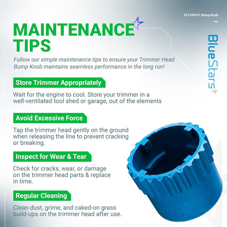 Infographic showing maintenance tips for the 537338701 trimmer head bump knob compatible with Husqvarna T25 heads.