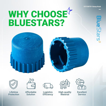 Two blue 537338701 trimmer head bump knobs for Husqvarna T25 heads shown from top and bottom angles.