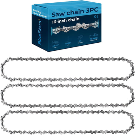 Three 16-inch chainsaw chains with 3/8 inch LP pitch, 0.050 gauge, and 56 drive links in BlueStars retail packaging.