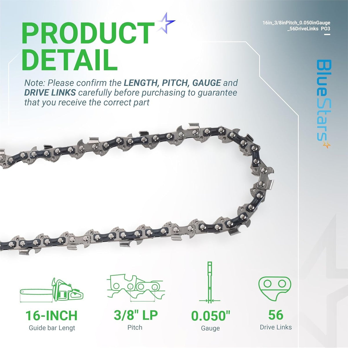 Close-up of 16-inch chainsaw chain with 3/8-inch LP pitch, 0.050-inch gauge, and 56 drive links specification infographic.