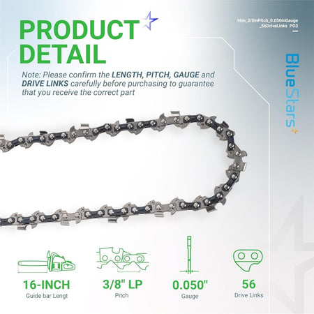 Close-up of 16-inch chainsaw chain with 3/8-inch LP pitch, 0.050-inch gauge, and 56 drive links specification infographic.