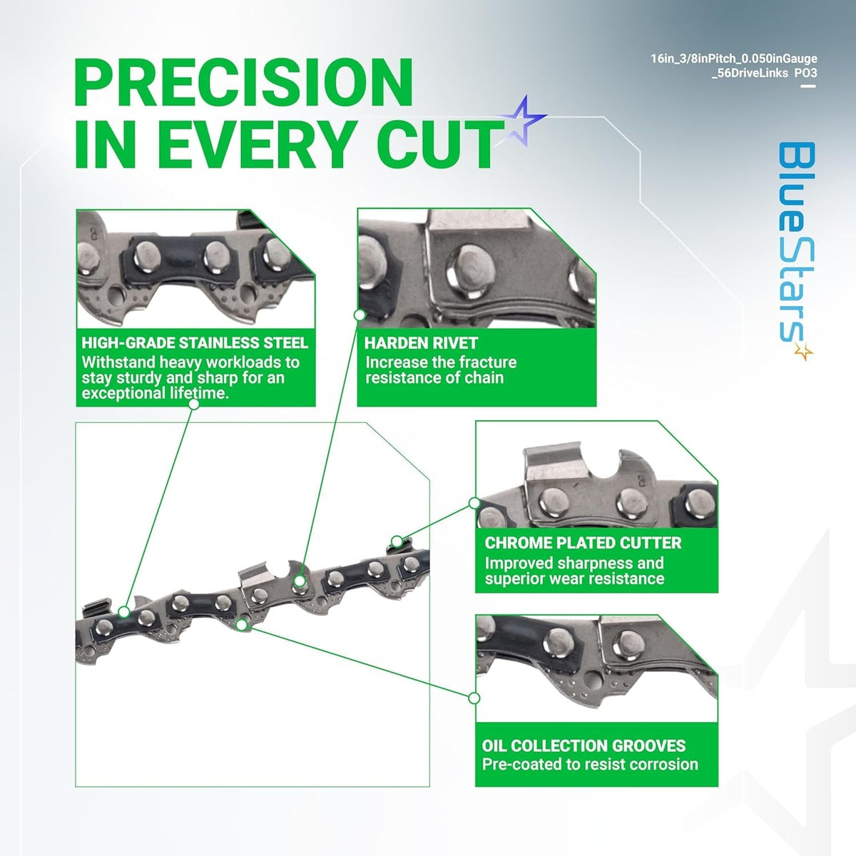 Infographic showing features of 16-inch chainsaw chain with 3/8-inch pitch, 0.050-inch gauge, and 56 drive links.