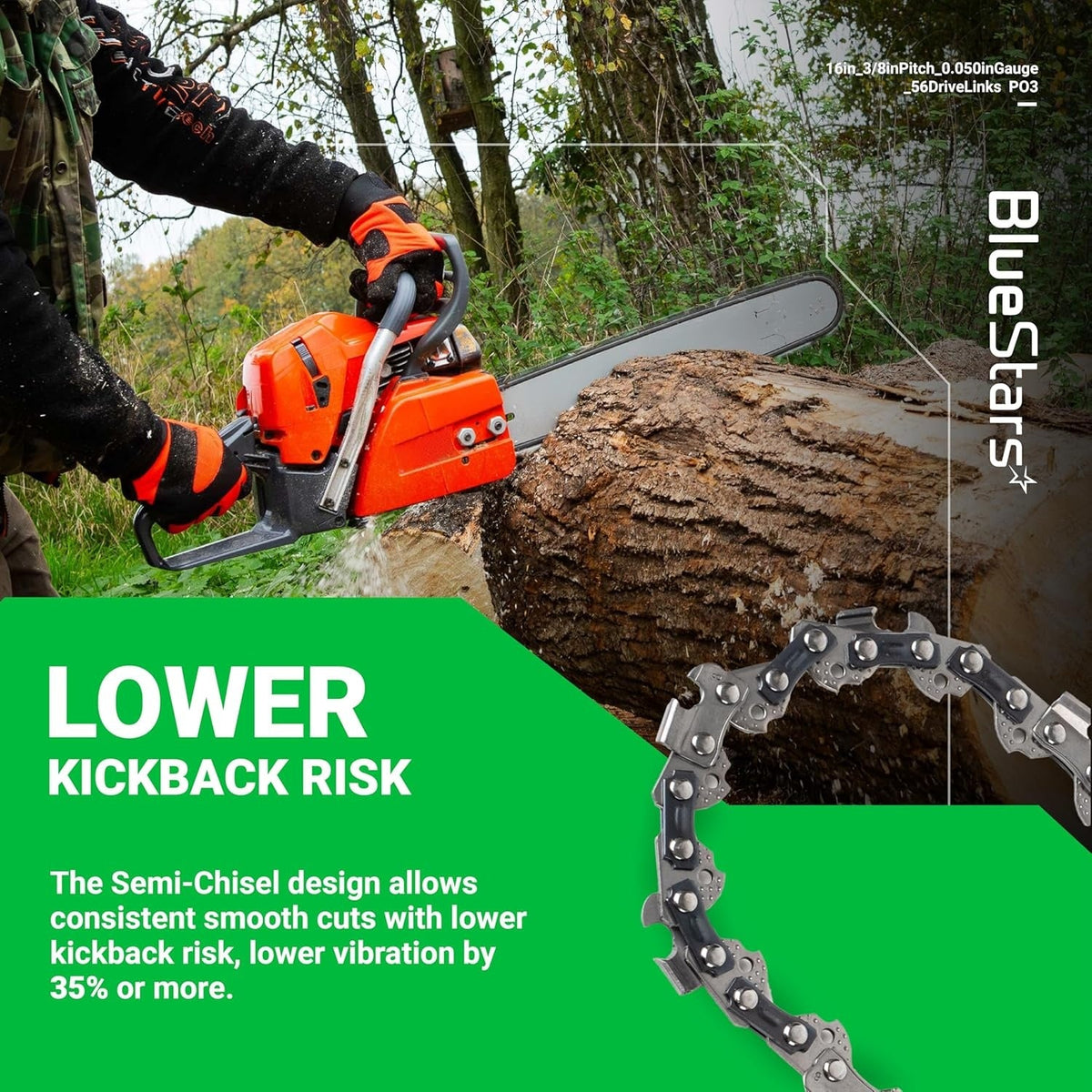 Close-up of 16-inch chainsaw chain with 3/8-inch pitch and 0.050-inch gauge, shown in use on a log.