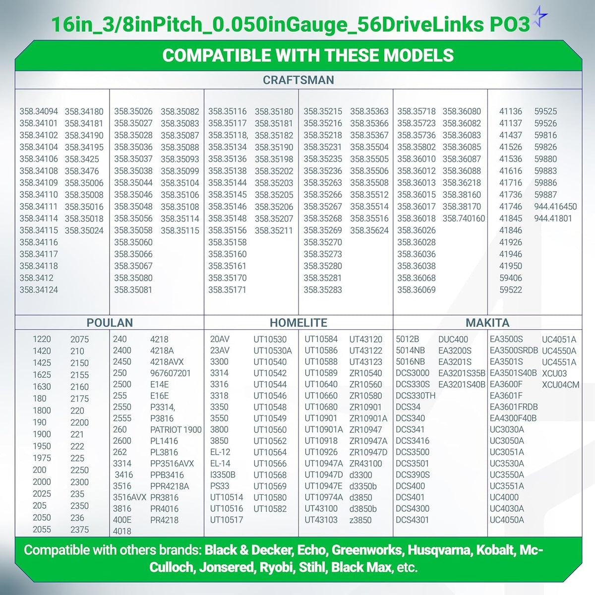 Compatibility chart for 16-inch chainsaw chain, 3/8-inch LP pitch, 0.050-inch gauge, 56 drive links.