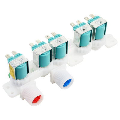 Samsung washing machine water inlet valve assembly with four solenoid coils and red and blue threaded ports.