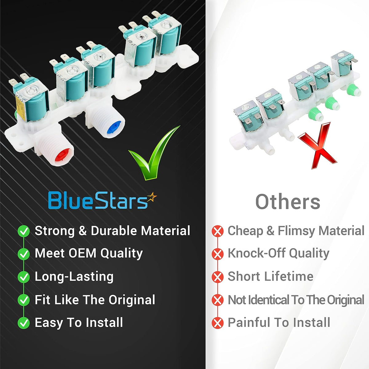 Comparison chart showing DC97-15459G washing machine inlet valve assembly features versus generic alternatives.