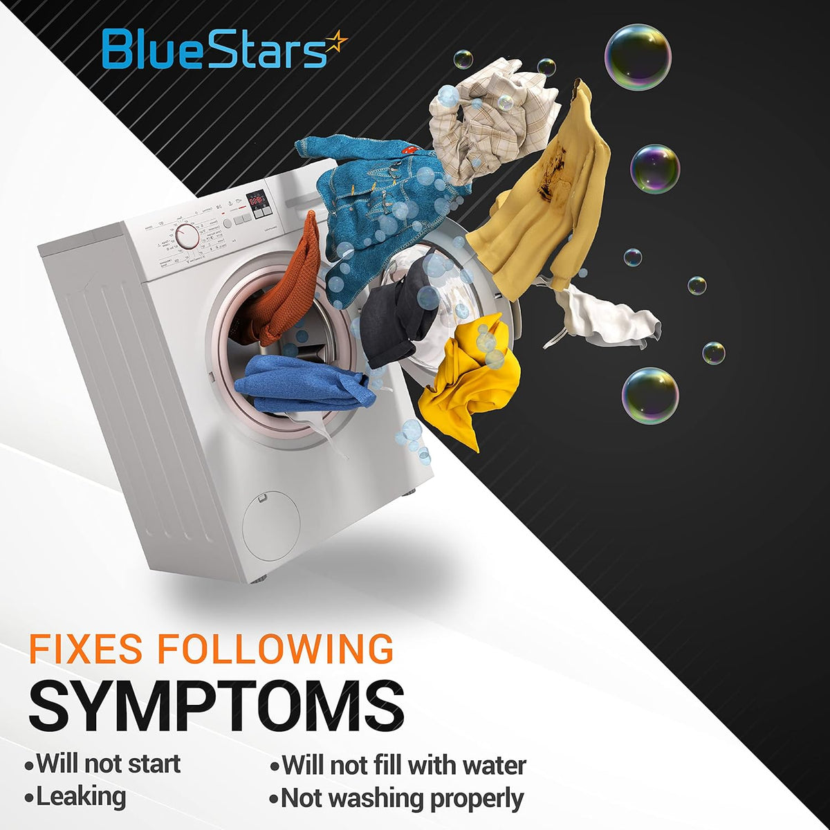 Graphic showing Samsung washing machine symptoms fixed by DC97-15459G inlet valve assembly.