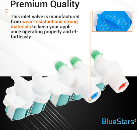 DC97-15459G washing machine inlet valve assembly with close-up of blue filter screen for Samsung washers.