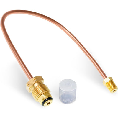 15-inch copper propane pigtail hose with POL and 1/4-inch NPT male pipe thread fittings and protective cap.
