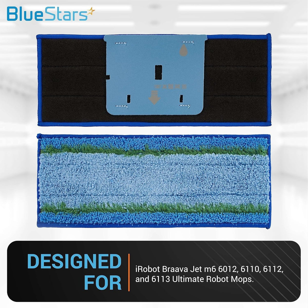 Top and bottom view of blue wet mopping pad compatible with iRobot Braava Jet m6 series robot mops.