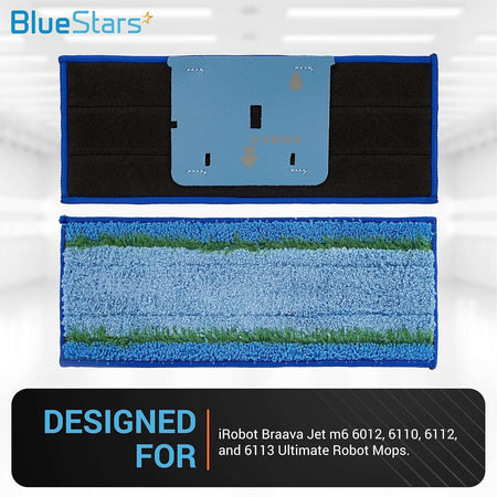 Top and bottom view of blue wet mopping pad compatible with iRobot Braava Jet m6 series robot mops.